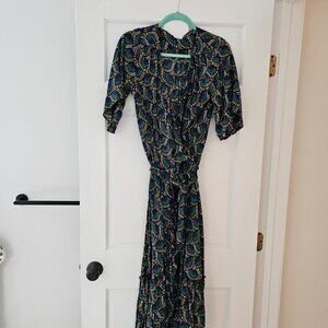Silk and Salt peacock midi wrap dress